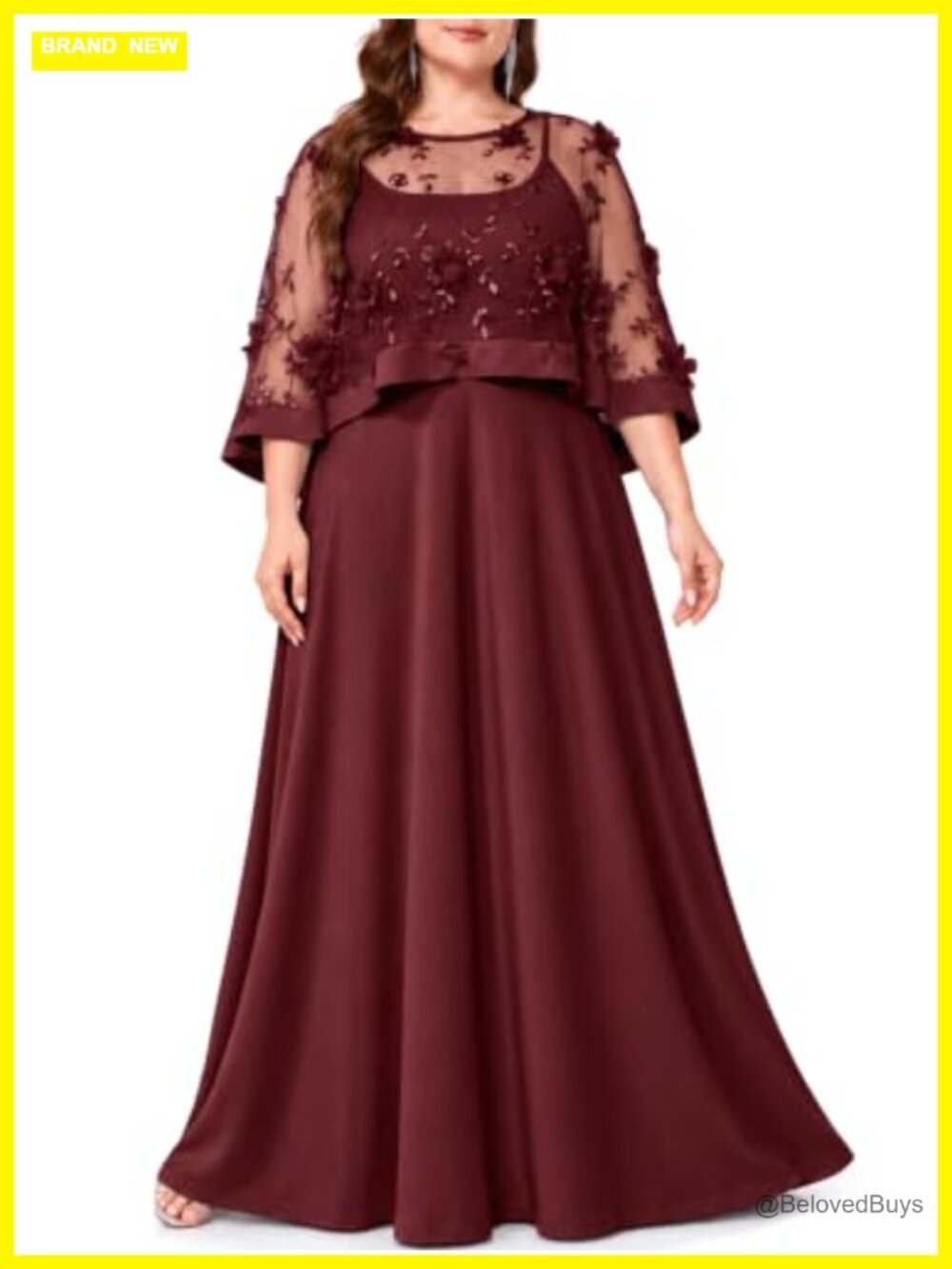Plus Size 2PC Formal Evening Gown 3D Floral Mesh Cape A-Line Maxi Dress